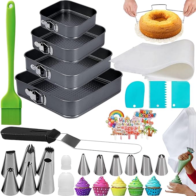 Cake Square Pan Sets for Baking + Cake Decorating Supplies: 4 Non-Stick Springform Pans Set (8.5,9.5, 10, 11 inches), Icing Tips, Cake Leveler – Multi-functional Leak-Proof CheeseCake Pan & eBook