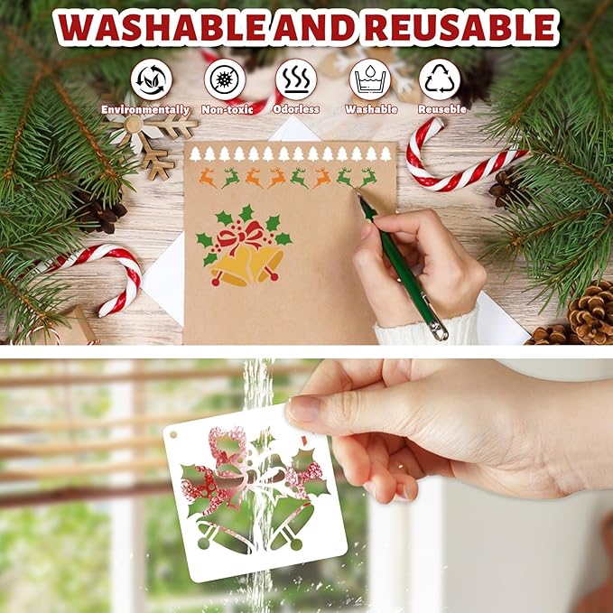 72 PCS 3x3 Inch Christmas Stencils for Painting - Snowflake Santa Claus Christmas Tree Reusable Christmas Painting Templates on Wood, Glass, Fabric, Window Door Decor DIY Decoration