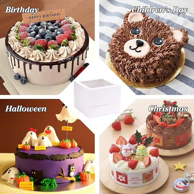 Moretoes 15 Sets Cake Boxes, 10x10x8 Inches Tall Bakery Boxes with Cake Boards, White Square Carrier with Window Cajas Pasteles for Cakes, Valentine's Day, Mother's Day