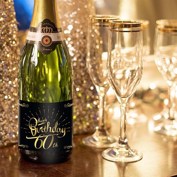 2-Pack Birthday Bottle Labels, Self-Adhesive “HappyBirthday” Stickers for Champagne & Wine Bottles, Fun Gift Idea for Men & Women, 5.8 x 4.1 in (60th Birthday)