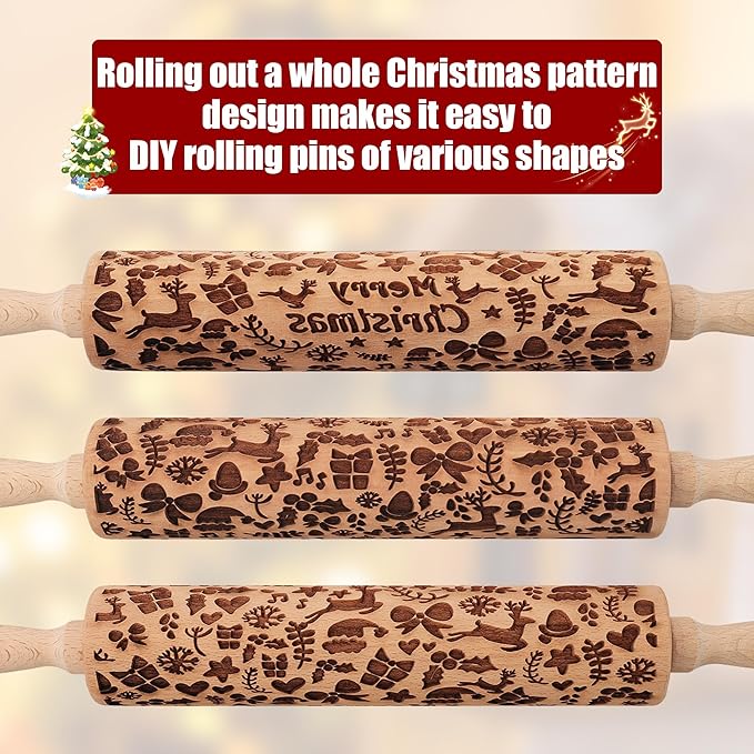 17" Premium Wooden Rolling Pins for Baking with Reindeer Embossed Designs | 3mm Deep Springerle Cookie Molds | Christmas Rolling Pin & Baking Gifts for Women | Includes 3-in-1 Cleaning Brush