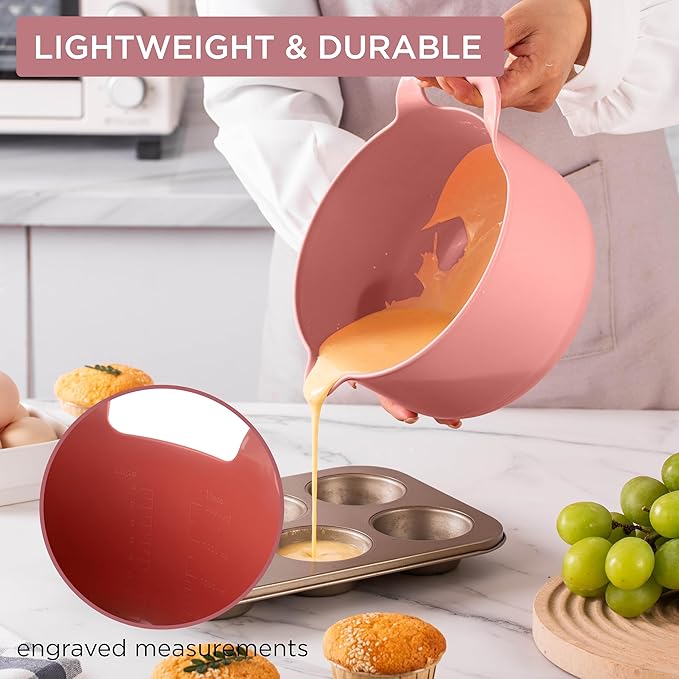 COOK WITH COLOR Nesting Plastic Mixing Bowl Set with Pour Spouts and Handles, Rose, 4 Piece Non-Slip