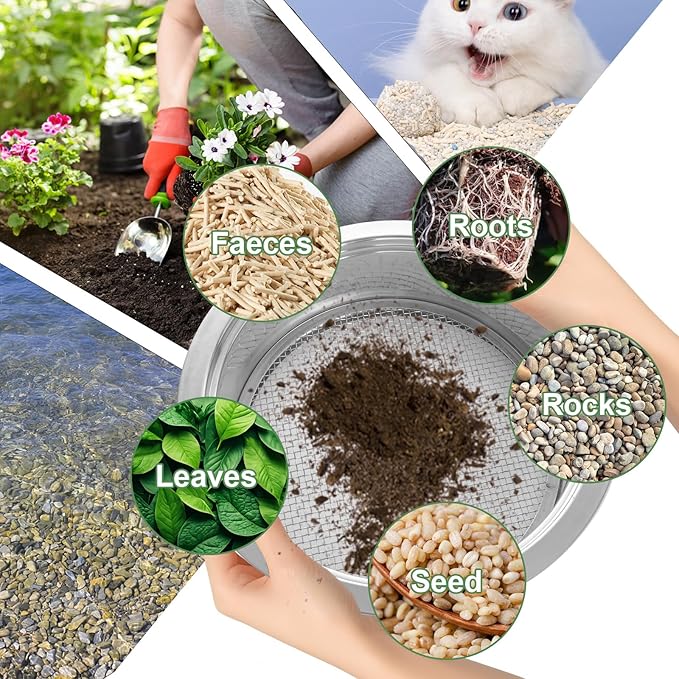 Soil Sifter for Gardening Stainless Steel Soil Sifting Pan Round Sifter for Rocks with 1,3,6,9,12mm Sieve Mesh Bonsai Soils Scoops and Garden Mat Set Garden Sieve Soils Sifters for Gravel, Sand