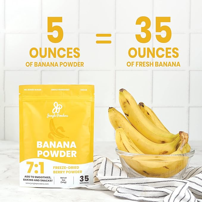 Jungle Powders Banana Powder for Smoothies 5 Ounce Bag Freeze Dried Banana Powder Single Ingredient 35 Servings - Additive, Filler, Gluten Free Bananas Extract for Baking Flavoring Flakes Flour Juice
