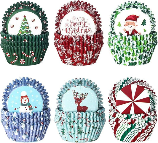 CHENGU 600 Pieces Christmas Cupcake Wrappers, Candy Santa Claus Cupcake Liners Snowman Xmas Colorful Paper Baking Cups for Cake Make Baking Supplies, 6 Styles(Candy Styles)