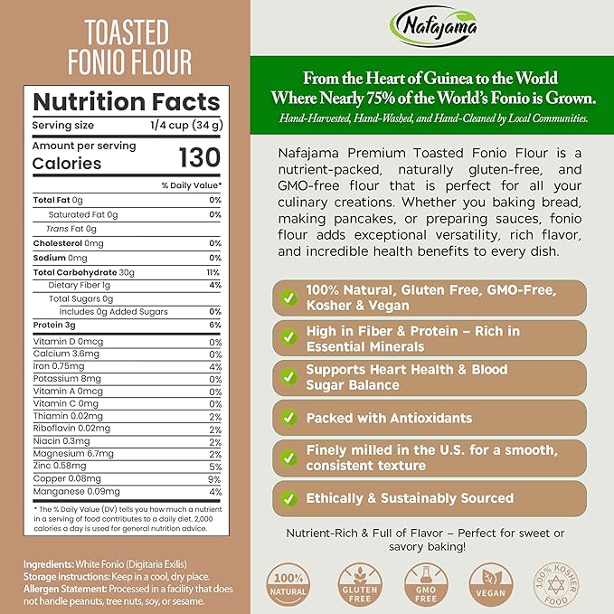 Nafajama Premium Gluten-Free Toasted Fonio Flour | Ancient African Superfood | All-Natural, Non-GMO, Vegan, High-Fiber (1 Bag of 110 lb / 50 KG)
