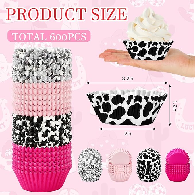 600Pcs Western Cowgirl Cupcake Liner Disco Ball Cow Print Pink Paper Baking Cup 4 Designs Muffin Liner Cake Storage Container for 80s 90s Party DIY Crafts Supplies