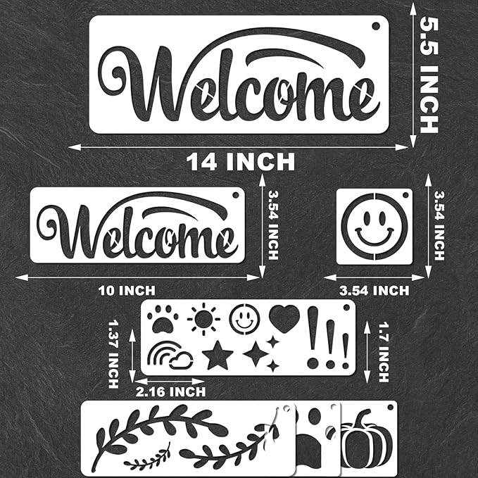 YKW Welcome Sign Stencils Set - 7 Reusable Smiley Paw Templates - Up to 14x5 - Welcome Words, Leaves, Pumpkin - for Porch, Door, Wood, Fabric - DIY Home Decor,Translucent and Soft