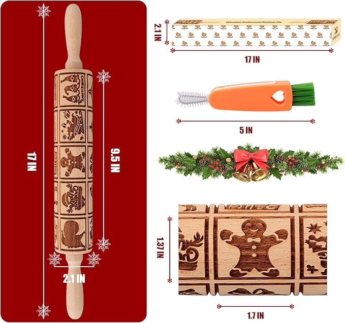 17" Premium Wooden Rolling Pins for Baking with Christmas Embossed Designs | 3mm Deep Springerle Cookie Molds | Christmas Rolling Pin & Baking Gifts for Women | Includes 3-in-1 Cleaning Brush