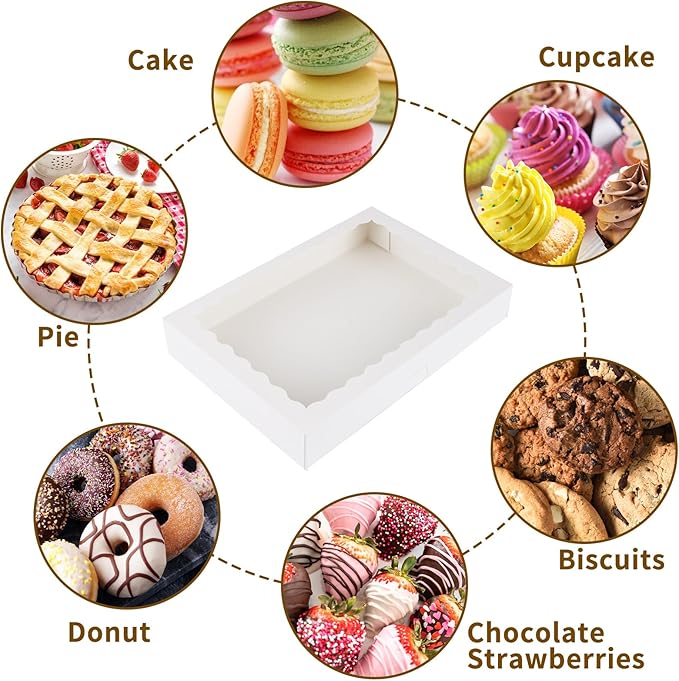Moretoes 30pcs Cookie Boxes, 16x11x2.5 Inches Auto-Popup Bakery Boxes with Window for Pastries, Pies, Muffins, Chocolate Covered Strawberries
