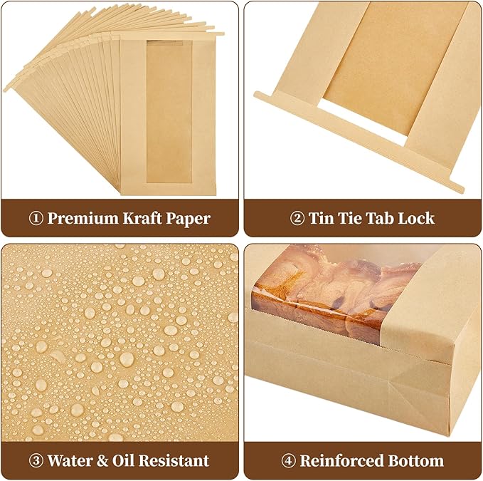 100 PCS Large Paper Bread Bags, 13.7 x 8.2 x 3.5 Inches Bakery Bags with Window, Homemade Bread Loaf Bags with Tin Tie Tab Lock and Seal Stickers