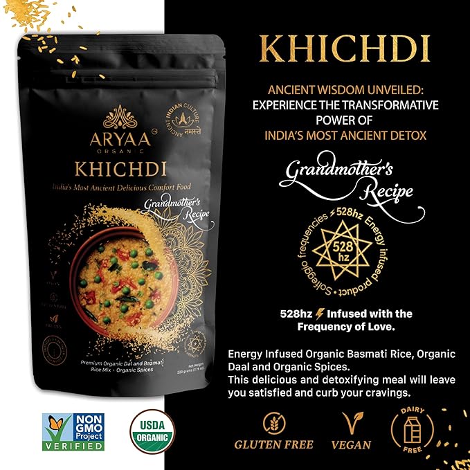 Aryaa Organic Khichdi 220g | Indian Risotto One-Pot Meal with Basmati Rice, Mung Dal & Ayurvedic Spices | High Protein, High Fiber, Vegan, Gluten-Free, Non-GMO, Easy to Digest, Ideal for Detox & Clean Eating