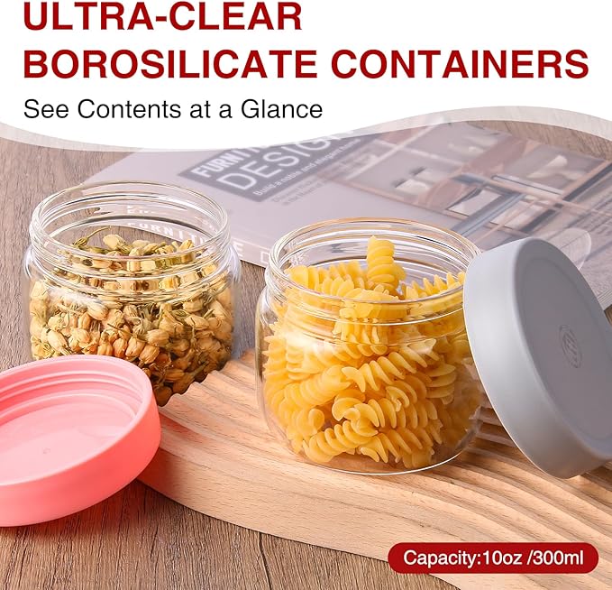 10oz Borosilicate Glass Jars with Lids - Freezer to Oven Safe(-4°F to 446°F), Airtight Meal Prep Containers for Overnight Oats, Snacks, Coffee, Microwave & Dishwasher Safe (4pack)