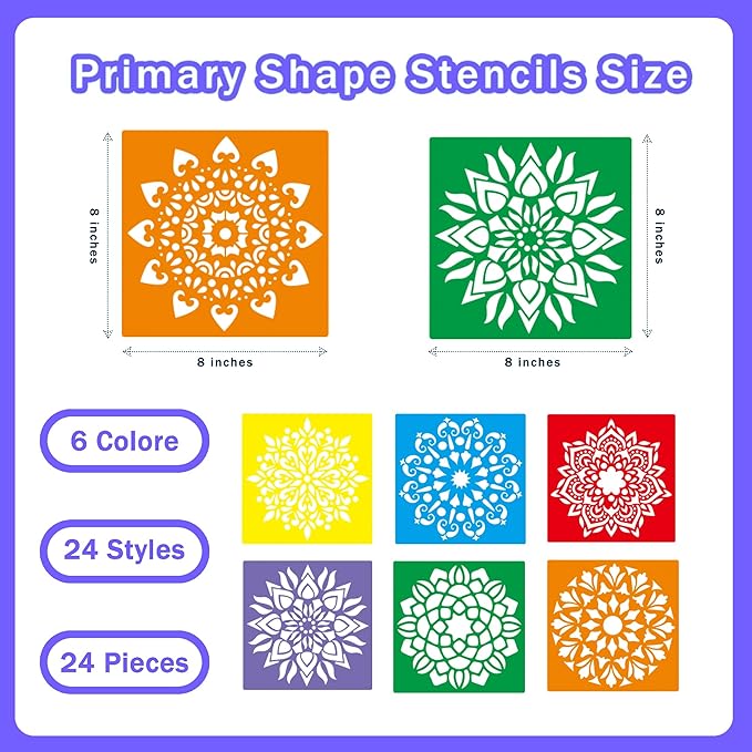 24 Pieces Stencils,Large Drawing Stencils Chalk Template,8 Inches Washable Shape Template Kit for Crafts,Painting Drawing(Mandala, 8 inch)