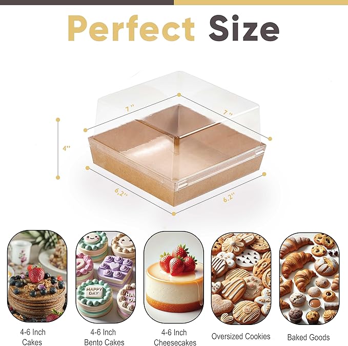 20 Pack 7x7x4 Cake Boxes with Clear Lids for 4-6 Inch Cakes, Treats or Desserts – Paper Bento Cake Boxes, Disposable Bundt Containers – Bakery Take Out Containers – To Go Square Packaging, Brown