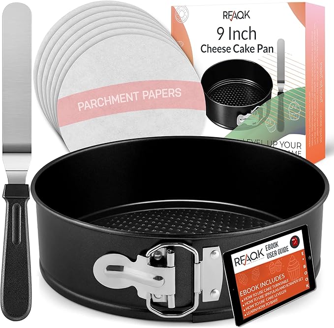 RFAQK Non-Stick 9 Inch Springform Pan - Spring form Pan for Cheesecake with Removable Bottom, Bonus Icing Spatula with 10 Pcs Parchment Paper & Recipe E-Book - Ideal for Baking Cakes, Pizzas, & More!