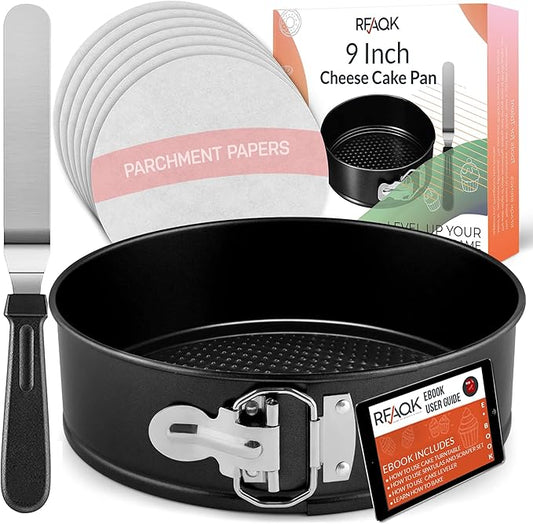 RFAQK Non-Stick 9 Inch Springform Pan - Spring form Pan for Cheesecake with Removable Bottom, Bonus Icing Spatula with 10 Pcs Parchment Paper & Recipe E-Book - Ideal for Baking Cakes, Pizzas, & More!