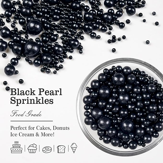 Black Pearl Sugar Sprinkles, Edible Black Sprinkles for Cake Decorating, 150g/5.29oz, Baking Cake Decorations, Foodgrade Toppers, Cupcakes, Cookies, Birthday, Wedding Party Chirstmas Supplies