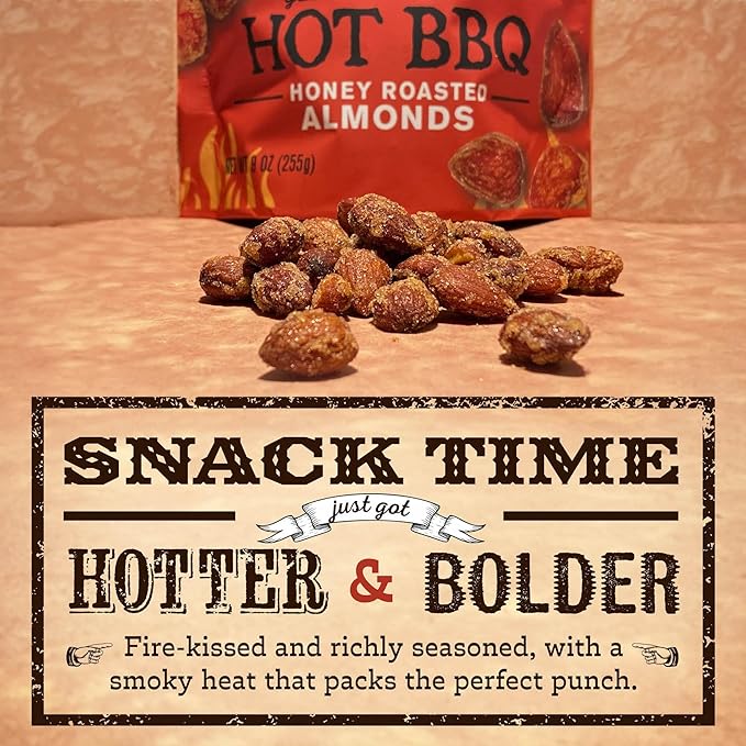 Rufus Teague Hot BBQ Honey Roasted Almonds – Sweet, Spicy & Smoky Gourmet Snacks, 9 oz Resealable Pouch for Freshness, 2 Pack