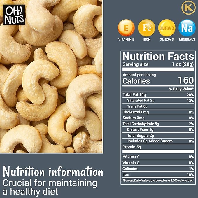 Oh! Nuts Raw Whole Unsalted Cashews - Raw - 100% Natural - 2 lb - Jumbo Cashews - Packed in New York Zip-Seal Bag for Exceptional Freshness