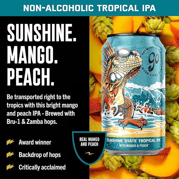Go Brewing - Sunshine State Tropical IPA - Non-Alcoholic Craft Beer - Small Batch, Low-Calorie Brew - Mango and Peach Flavor Profile - Bold and Smooth Finish - Ideal for Any Occasion (12 Oz, 12 Cans)