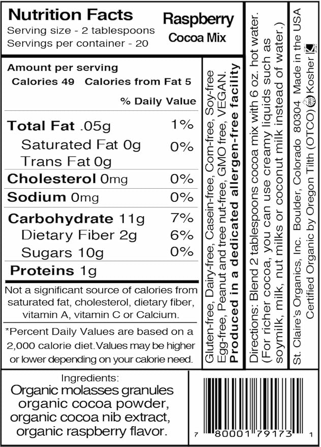 St. Claire's Organic Gourmet Hot Cocoa, (Raspberry, 12 Ounce Bag, 20 servings) | Allergen-Free, Vegan, GMO-Free, Gluten-Free | Made in our Allergen-Free facility