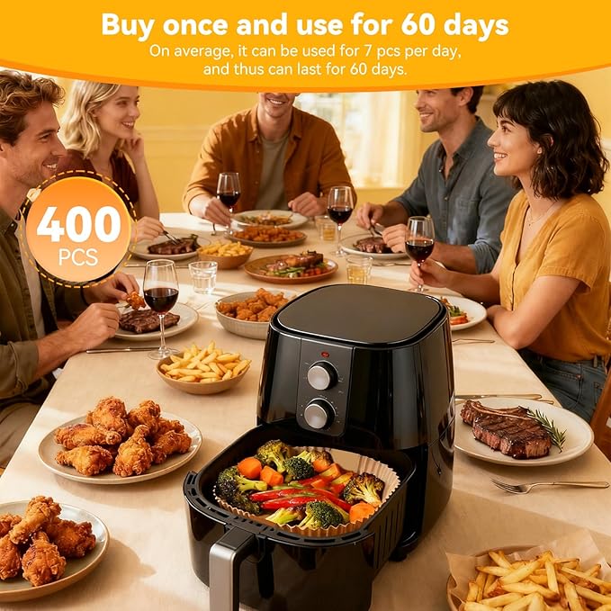 400Pcs Air Fryer Paper Liners, 5-8 QT Air Fryer Disposable Unbleached Non-Stick Parchment Paper Liner, Square 8 inch Baking Liner