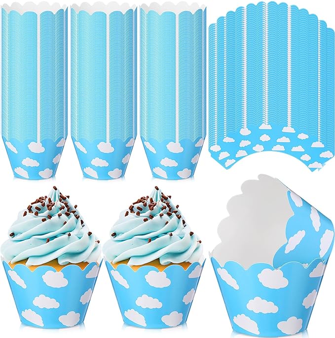Domensi 100 Pcs Sky Clouds Blue Party Cupcake Wrappers Cloud Cupcake Liners Baking Cups Baking Liners for Spring Summer Wedding Bridal Baby Shower Birthday Party Supplies Dessert Decoration