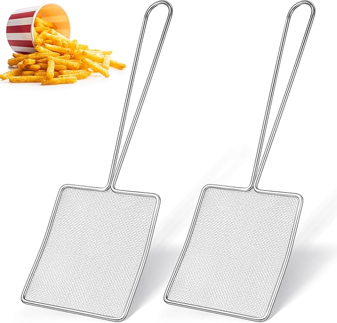 Mumufy 2 Pcs Square Fine Mesh Skimmer Spider Strainer Oil Skimmer for Deep Fryer Frying Scoop Stainless Steel Spider Strainer with Long Handle for Kitchen Swimming Pools Fried Food (5 x 6 Inch)