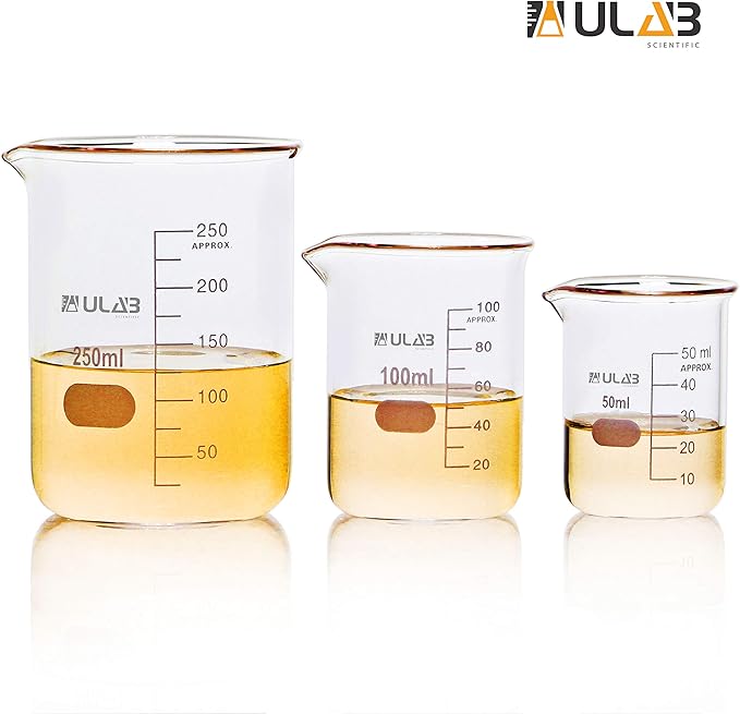 ULAB Scientific Glass Beaker Set, 3 Sizes 50ml 100ml 250ml, 3.3 Boro Griffin Low Form with Printed Graduation, UBG1001