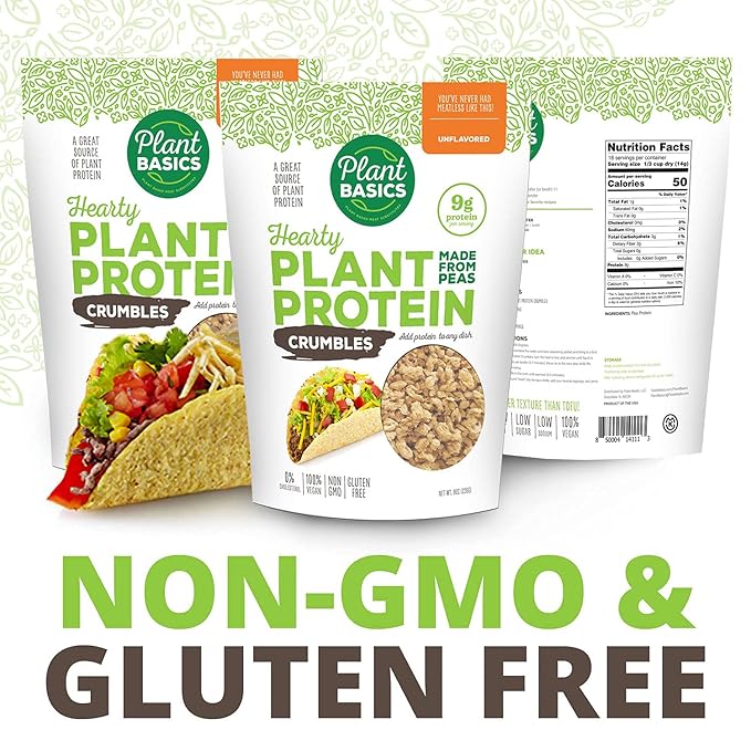 Plant Basics - Hearty Plant Protein - Unflavored Crumbles, 8 oz (Pack of 6), Made from Peas, Non-GMO, Gluten Free, Low Fat, Low Sodium, Vegan, Meat Substitute