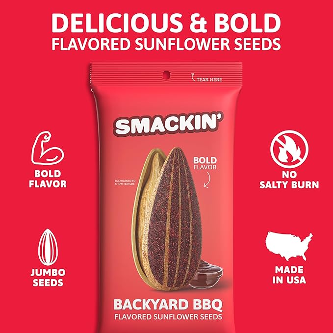 SMACKIN' Sunflower Seeds, Roasted Jumbo Small-Batch, American Made - Backyard BBQ. 1.5oz bags (6 Pack)