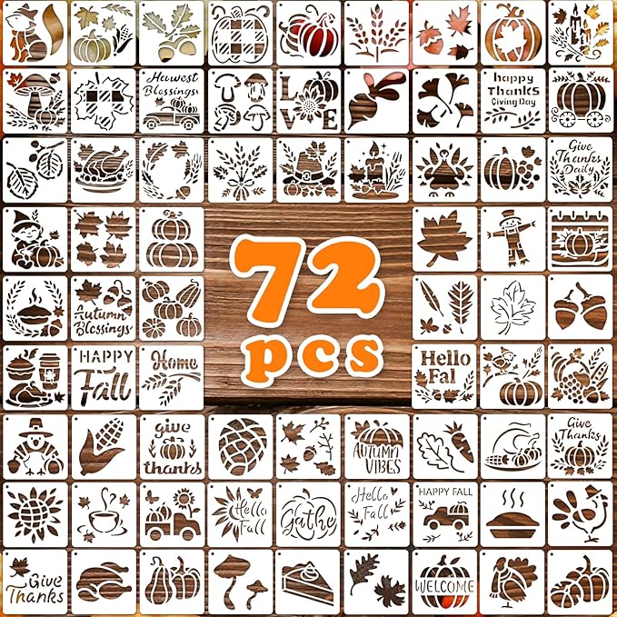72 PCS 3x3 Inch Thanksgiving Stencils for Painting - Pumpkins, Gourds, Autumn Leaves, Wheat, Turkey Reusable Thanksgiving Painting Templates on Wood, Glass, Fabric, Window Door Decor DIY Decoration