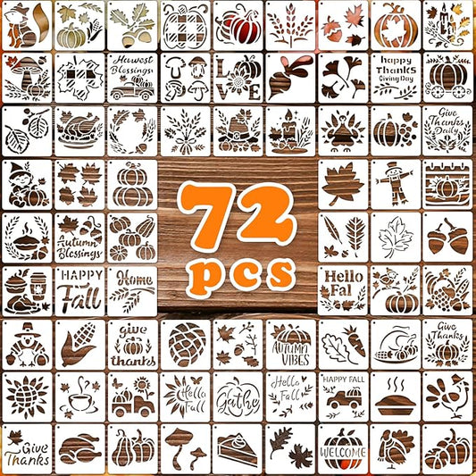 72 PCS 3x3 Inch Thanksgiving Stencils for Painting - Pumpkins, Gourds, Autumn Leaves, Wheat, Turkey Reusable Thanksgiving Painting Templates on Wood, Glass, Fabric, Window Door Decor DIY Decoration
