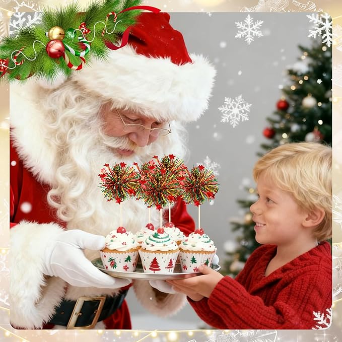 24Pcs Christmas Cupcake Toppers, Merry Christmas Foil Firework Cupcake Toppers Tinsel Drink Picks Winter Supplies Favor