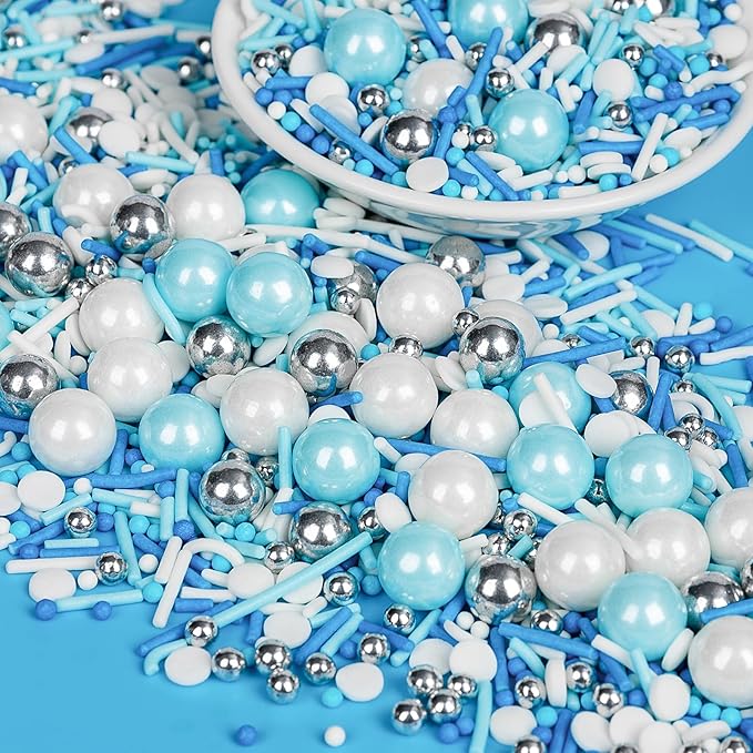 Christmas Edible Blue Silver White Sprinkles,Winter Jimmies Pearls Mix,130g/4.58oz,Perfect for Cake Decorations,Cake and Cupcake Sprinkles with Assorted Shapes and Sizes for Parties Baking, Ice Cream, Cookies, Cupcake Topper