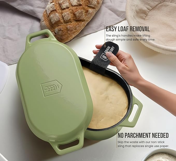 KooK Dutch Oven, for Bread Baking, Sourdough Loaf Pan, Dual Handles, Enameled Cast Iron, with Sling, Dishwasher Safe, 3.4 Qt, Sage Ombre