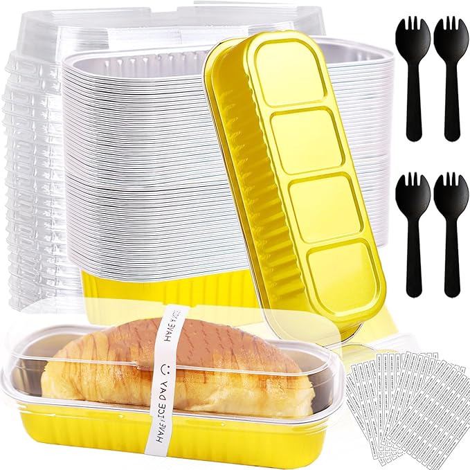 50 Pack Mini Loaf Pans with Lids and Spoons, 6.8 Oz Mini Cake Pans with Lids for Baking, Disposable Rectangle Aluminum Foil Loaf Pan with Stickers，Small Cake Containers Tin（Gold）