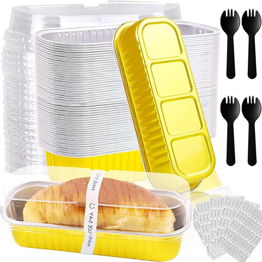 50 Pack Mini Loaf Pans with Lids and Spoons, 6.8 Oz Mini Cake Pans with Lids for Baking, Disposable Rectangle Aluminum Foil Loaf Pan with Stickers，Small Cake Containers Tin（Gold）