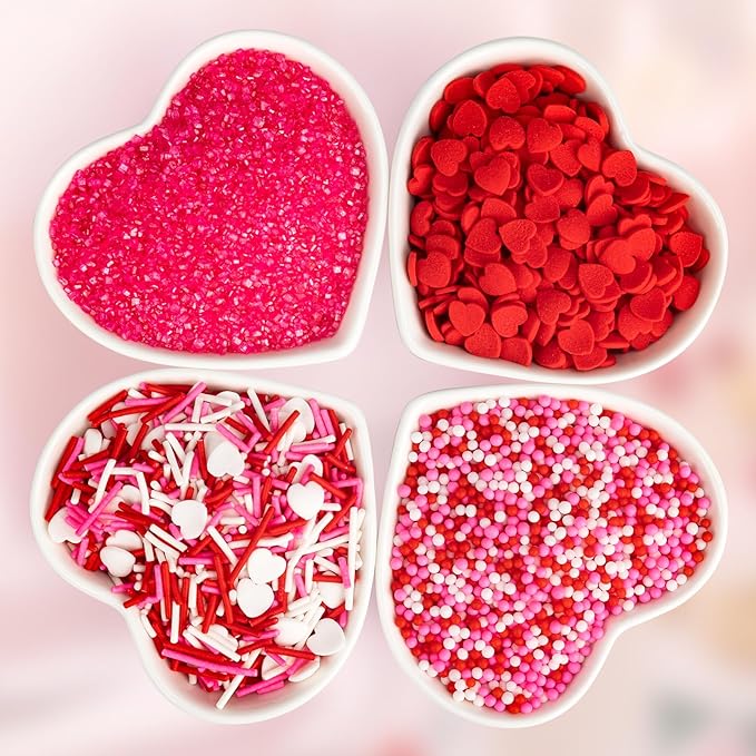 Valentine Edible Heart Sprinkles,Pink White and Red Mix Sugar Pearl Decorations,Assorted Styles Heart Sprinkles 4 Pack,Sweetheart Sprinkle Perfect for Cake Decorations,Baking,Ice Cream,Cookies,Cupcake Topper,Birthday Wedding Valentines Christmas Supplies