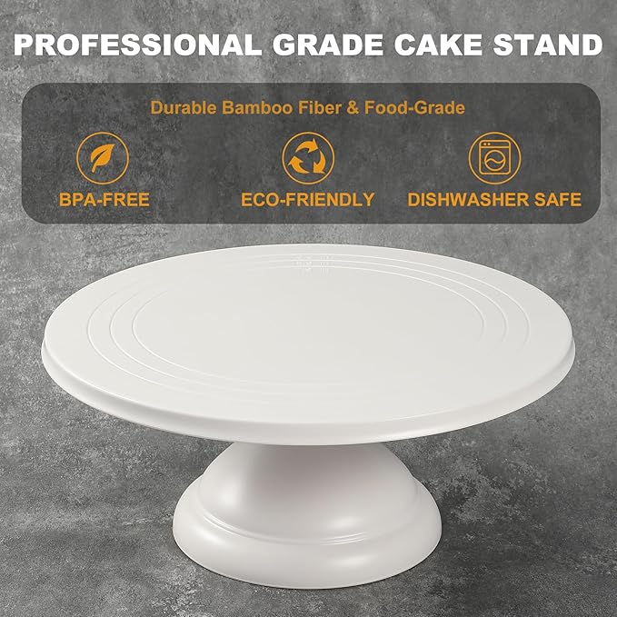 Large Cake Stand 12 Inch with Cake Spatula, Round Bamboo Fiber Cupcake Dessert Stand, Cake Decorating Display Stand for Birthday Parties, Weddings, Baby Shower and Other Events, White