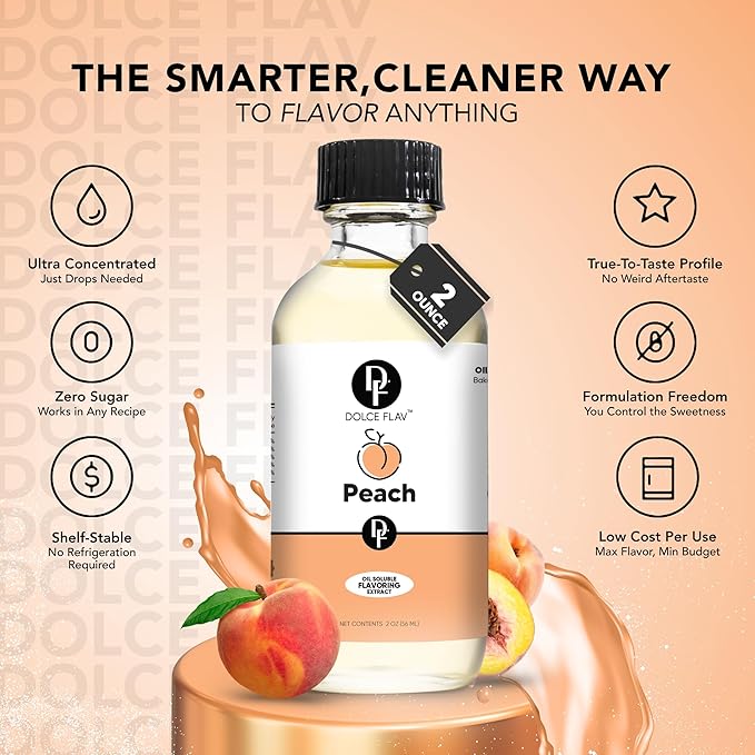 Dolce Flav Peach Extract – 1 Gallon Oil-Soluble Kosher, Sugar-Free, Concentrated Juicy Peach Flavoring for Baking, Chocolates & Desserts