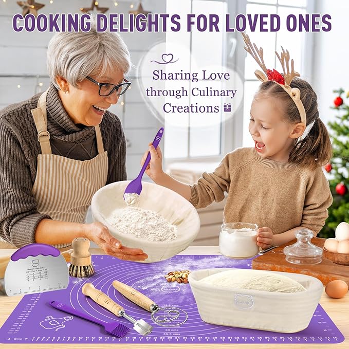 MIAOKE Sourdough Bread Baking Supplies Kit - Dough Whisk, Breads Lame, Proofing Baskets 10 Inch Round and 9 Oval, Dough Scrapers, Cooking Brush, Basket Liners Complete Sourdough Starter Bread Gift Set