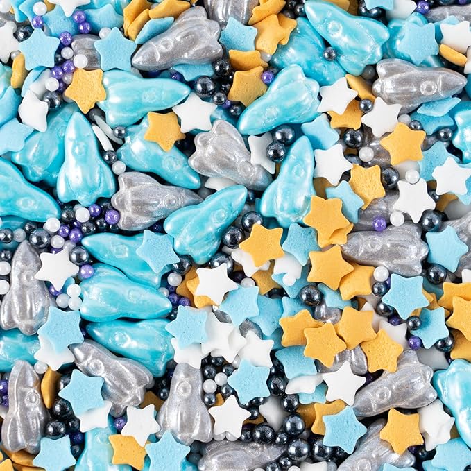 Space Theme Sprinkles Edible Blue Sliver Rocket Stars Sprinkles Galaxy Spacecraft Pearls Sugar Candy for Cookie Decorations Baking Cake Cupcake Topper Decoration 4.2 Ounce
