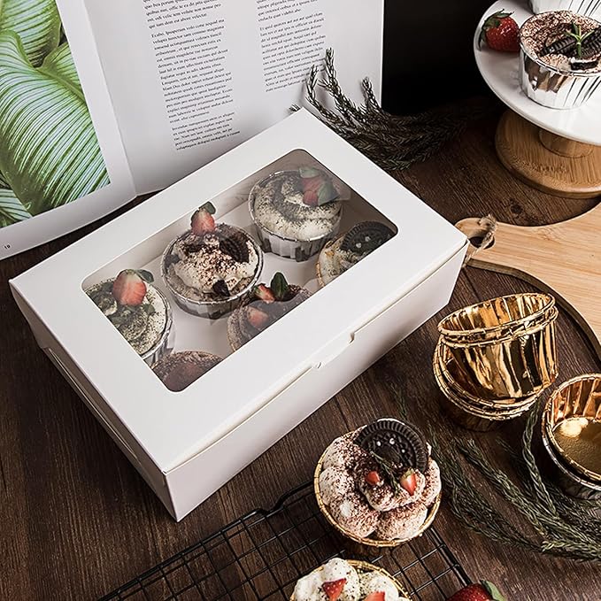 RHBLME 50 Pack Cupcake Boxes 6 Count, 9.3x6.2x2.9 Inch Cupcake Box Half Dozen Cupcake Boxes White Cupcake Containers with Clear Window, 6 Cupcake Box for Cupcakes Muffins Cookies Pastries