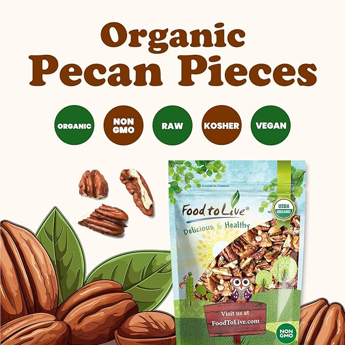 Food to Live Organic Pecan Pieces, 6 Pounds – Raw, Chopped Pecans, Non-GMO, Unsalted, Unroasted, Kosher, Shelled, Vegan, Keto, Sirtfood, Bulk. Good Source of Iron, and Calcium. Best for Baking.