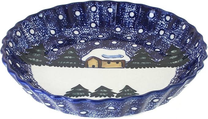 Blue Rose Polish Pottery - Blue Winter Forest Pie Plate - 10.5" Diameter - Ceramic Baking Dish, For Pies, Quiches & Desserts