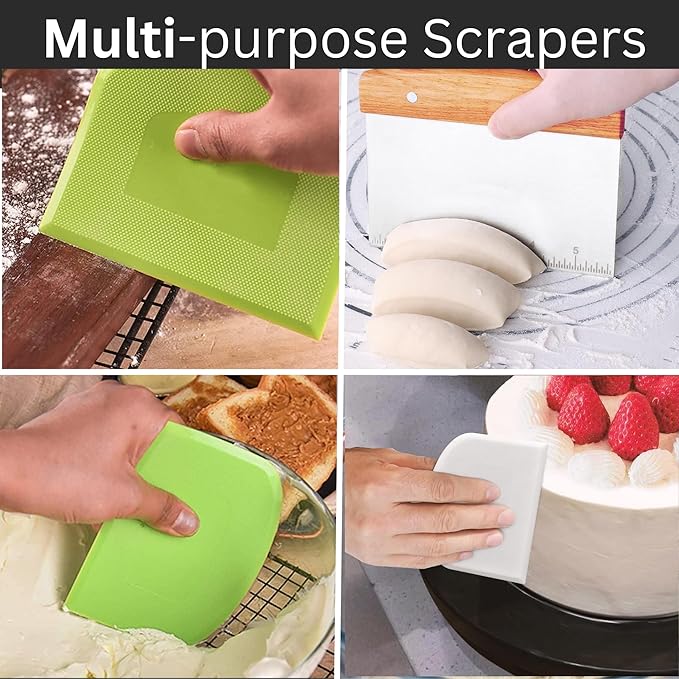 Ultimate Dough Scrapper Set: 3-Piece Stainless Steel Bench Scraper Kit with Ergonomic Handle and Built-in Measurement Scale - Perfect for Bread, Pizza, Cake, and More!