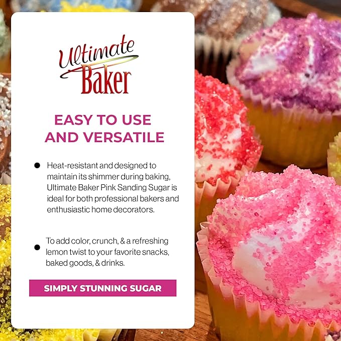 Ultimate Baker - Sanding Sugar, Pink - Vibrant, Naturally Colored Baking & Decorating Sugar, Perfect for Sprinkling on Cakes, Desserts & Confections, Medium Crystal - 8oz