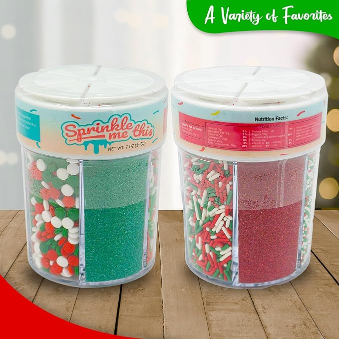 Sprinkle Me This Sprinkle Mix - 6 Cell Sprinkle Assortment (7oz) - Assorted Sprinkle Jar featuring Red and Green Sanding Sugar, Red and Green Nonpareils, Jimmes, and Confetti sprinkles
